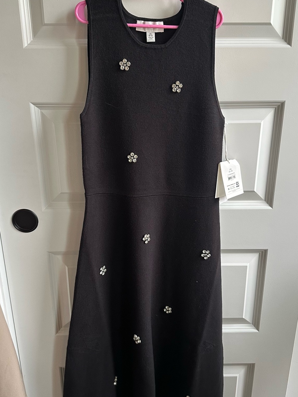 Sleeveless Black Midi Dress with Crystal Flower Embellishments